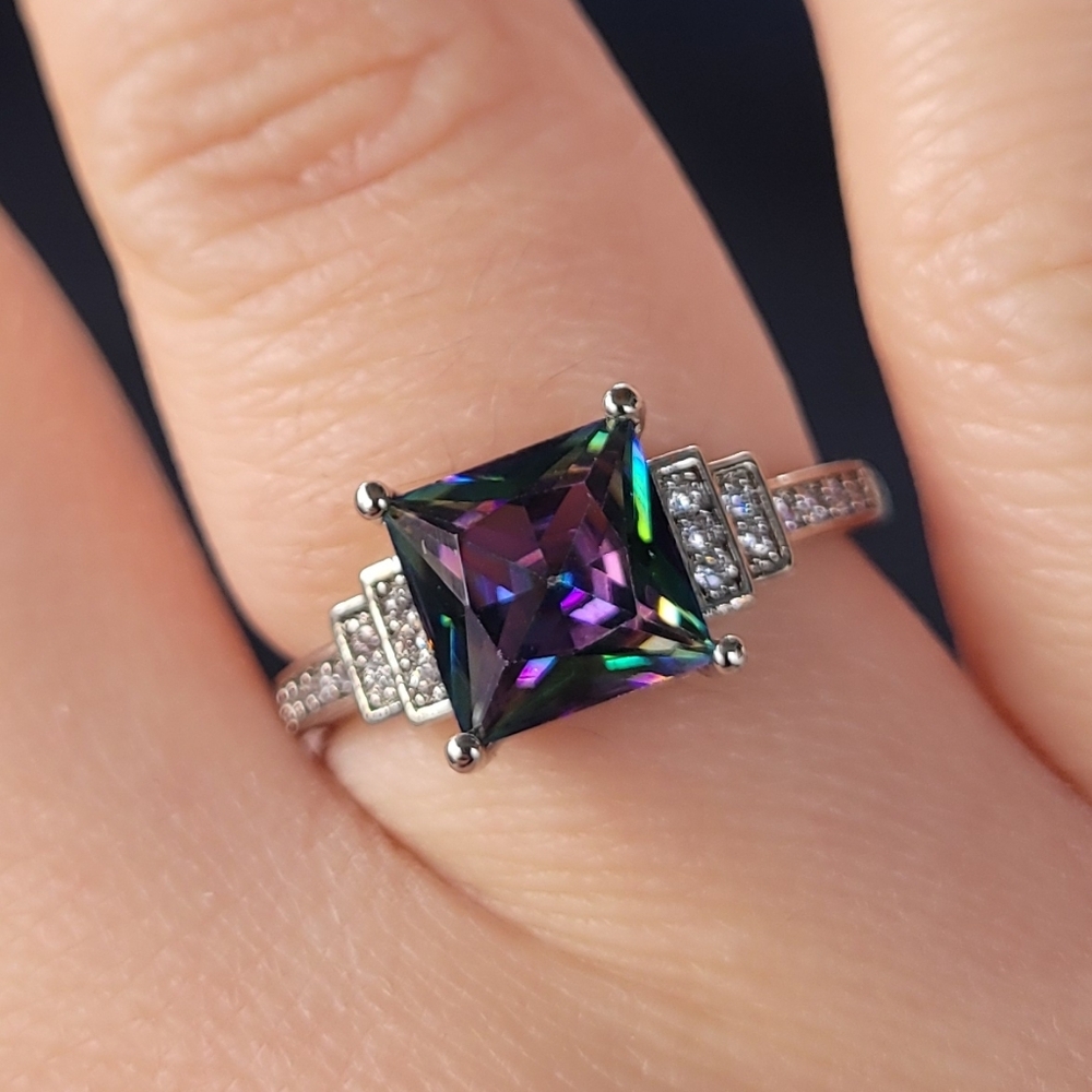 925 Sterling Silver Princess Cut Mystic Topaz Ring